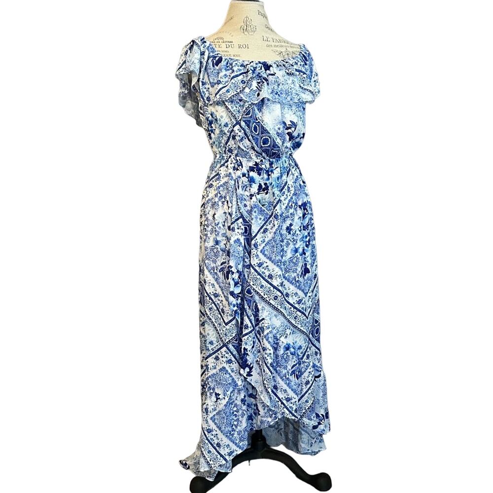 Lipsy London asos maxi off shoulder blue white Greek tomato girl style dress 10